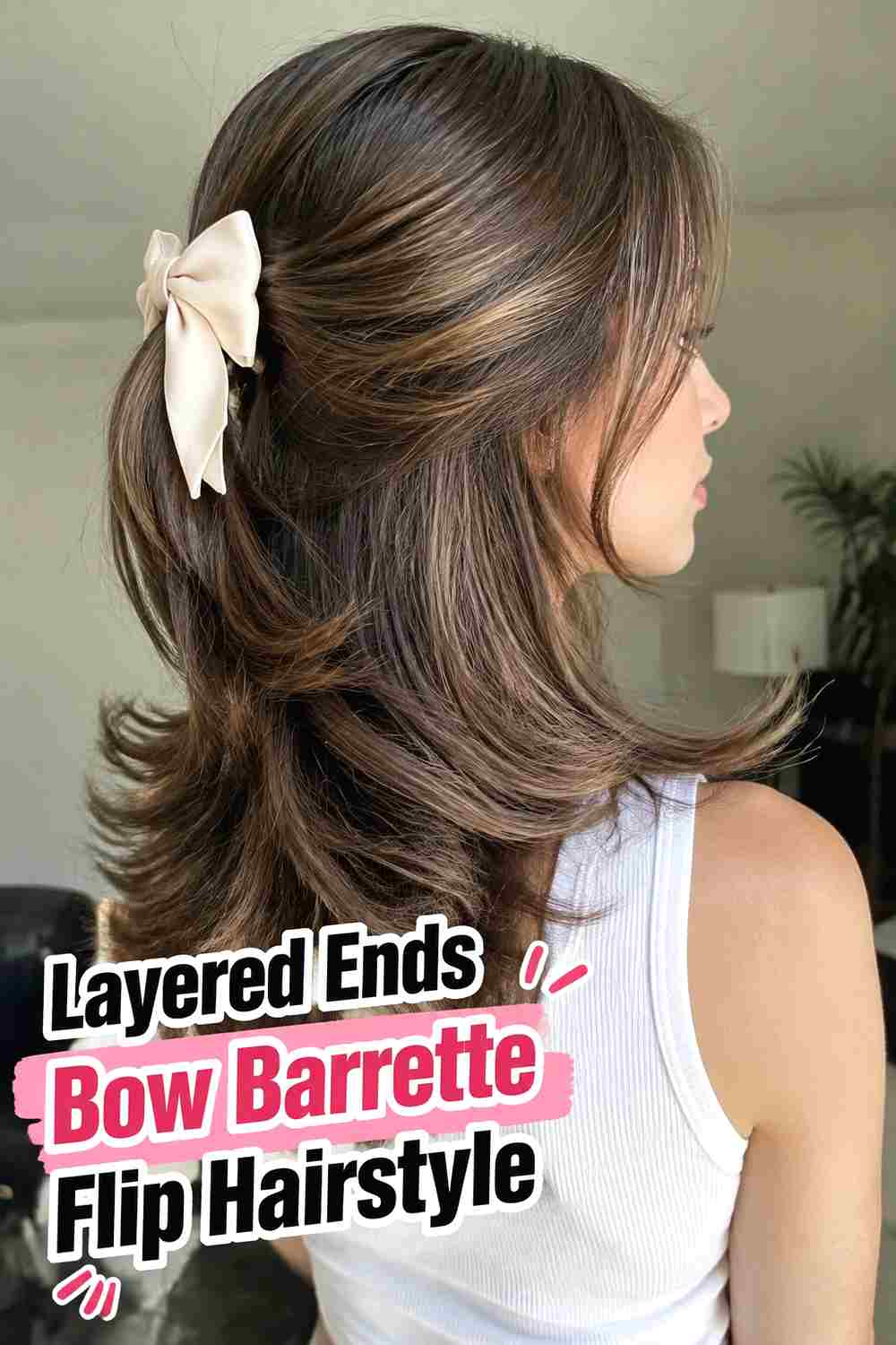 9. Layered Ends Bow Barrette Flip Hairstyle