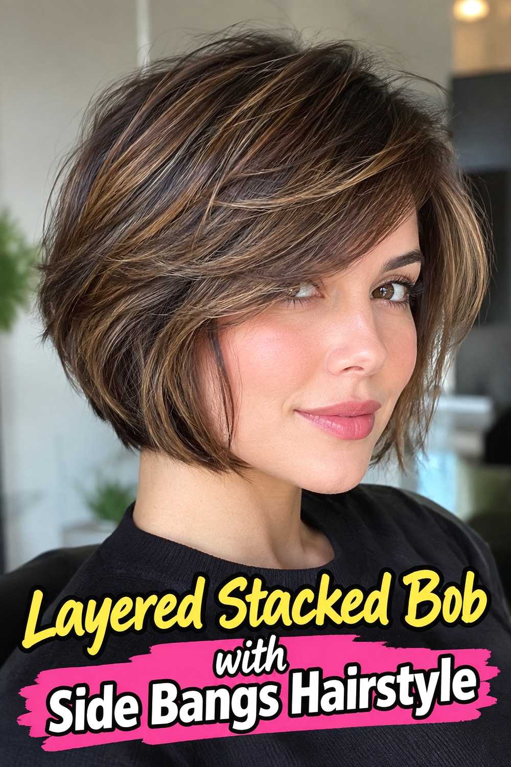 7. Layered Stacked Bob With Side Bangs Hairstyle