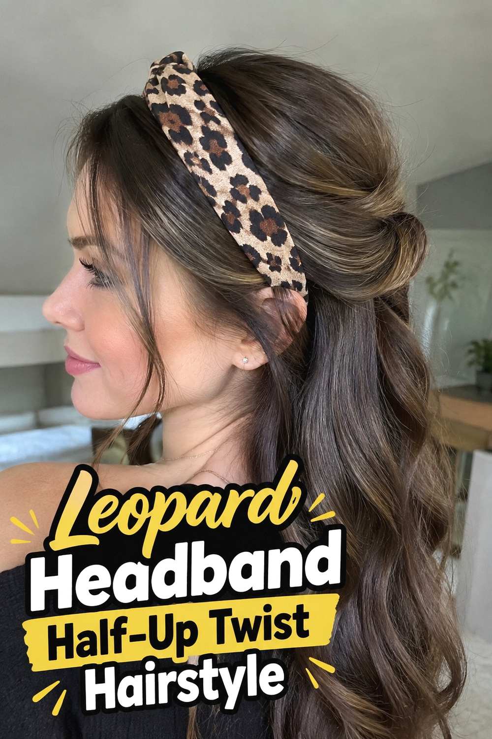 6. Leopard Headband Half Up Twist Hairstyle