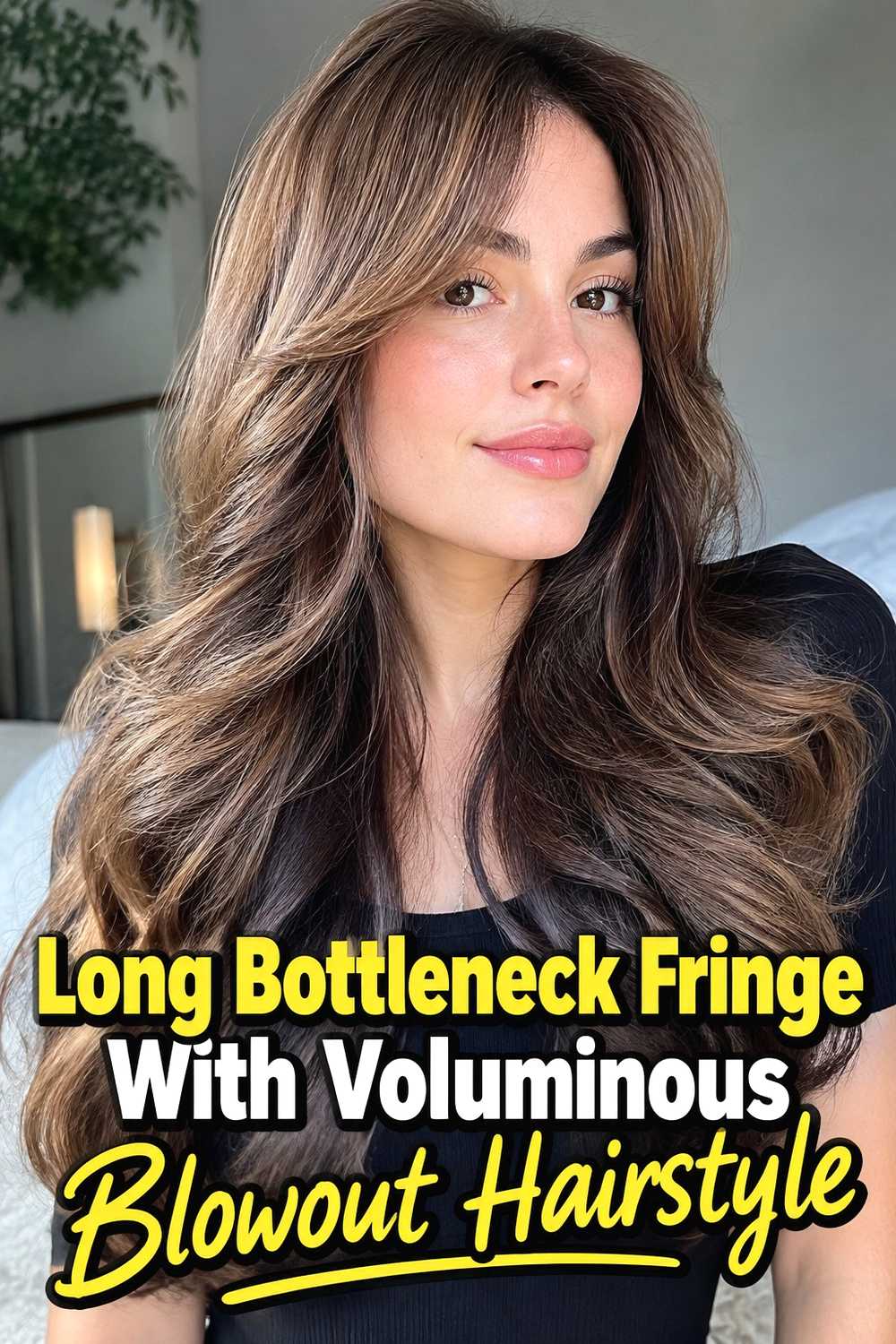 7. Long Bottleneck Fringe With Voluminous Blowout Hairstyle