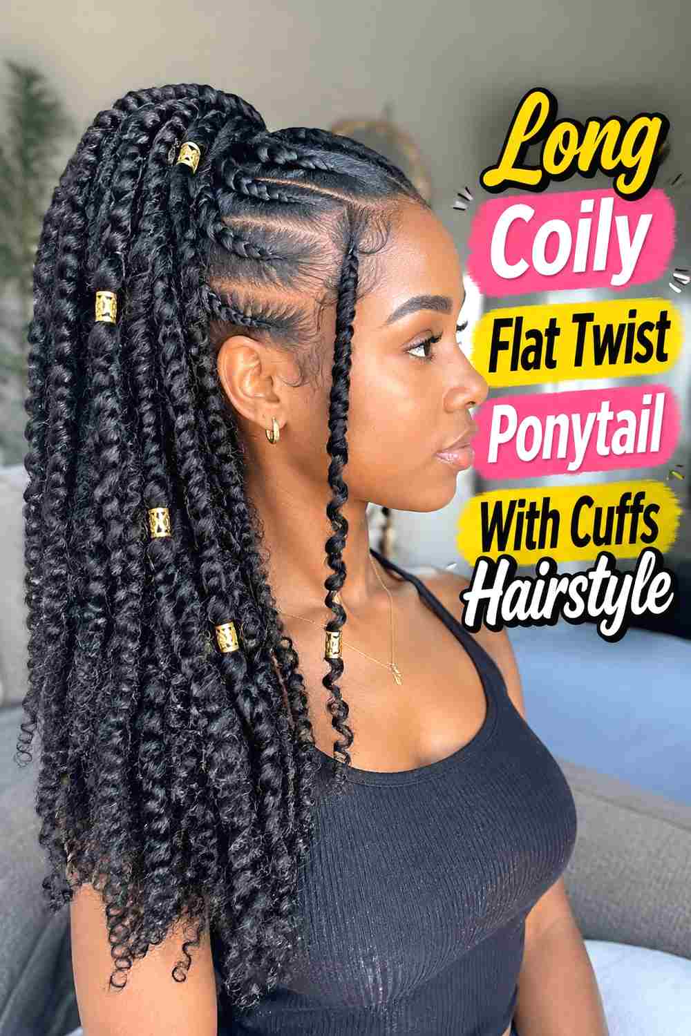 11. Long Coily Flat Twist Ponytail With Cuffs Hairstyle