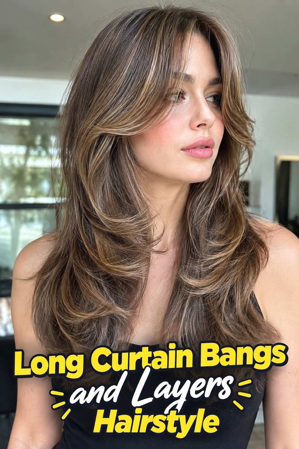 6. Long Curtain Bangs And Layers Hairstyle