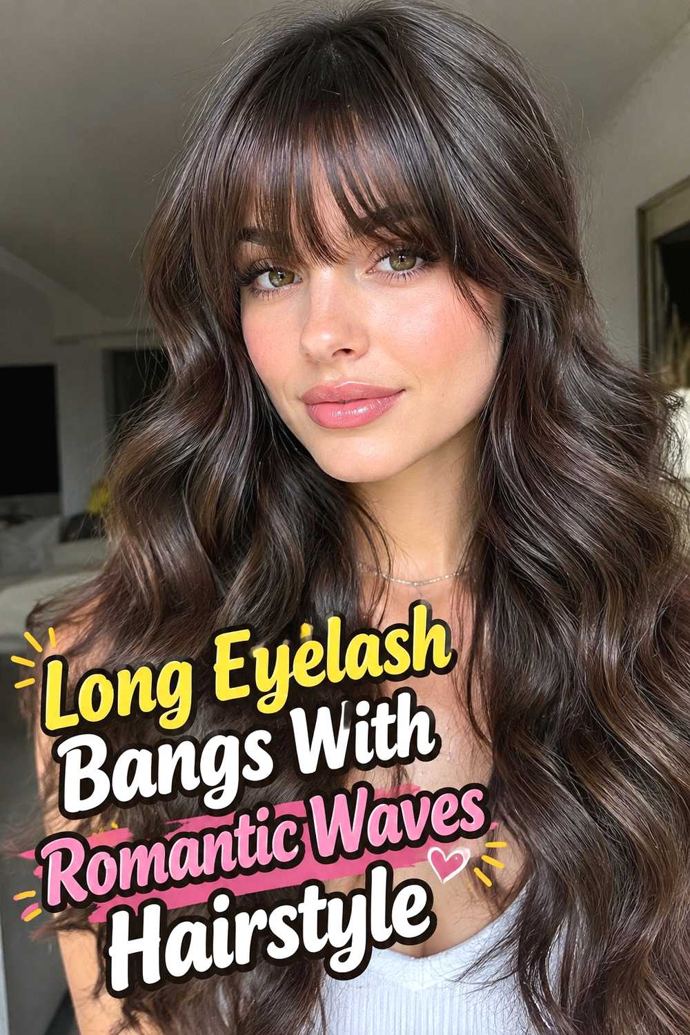 18. Long Eyelash Bangs With Romantic Waves Hairstyle