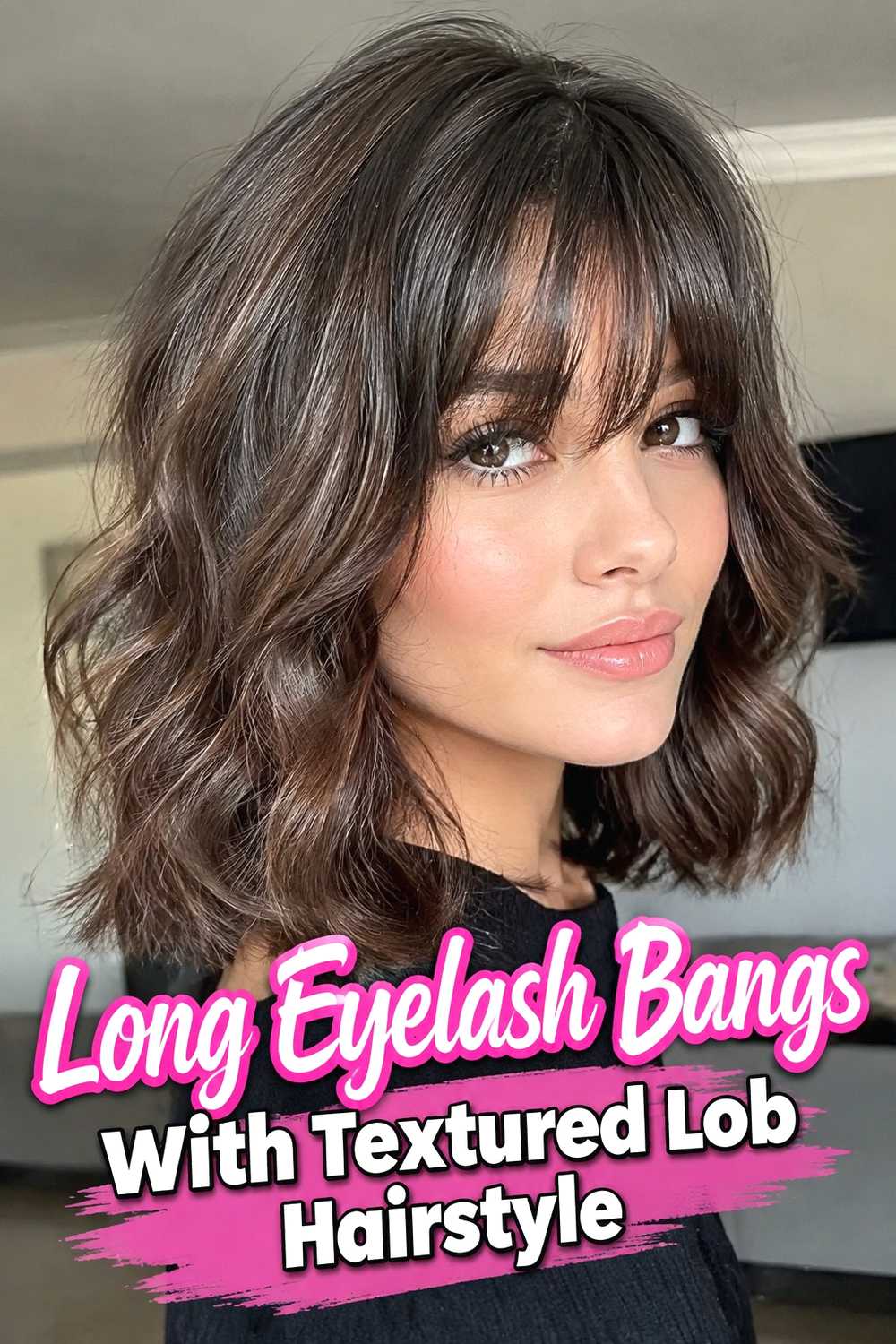 13. Long Eyelash Bangs With Textured Lob Hairstyle