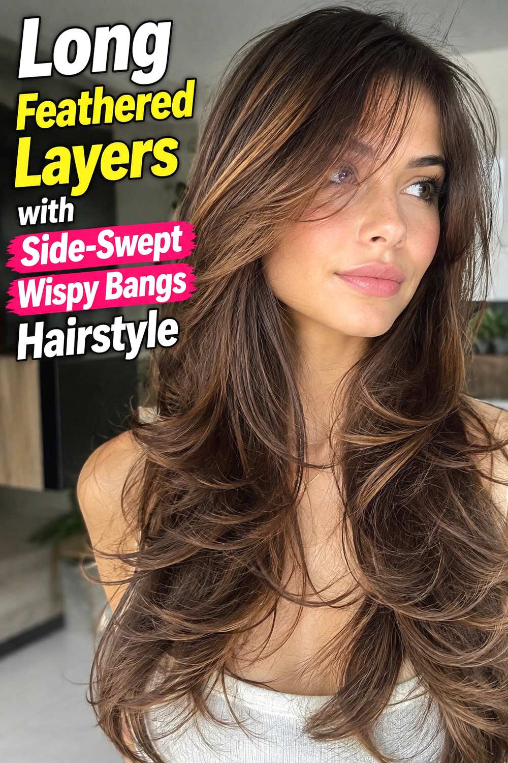 2. Long Feathered Layers With Side Swept Wispy Bangs Hairstyle