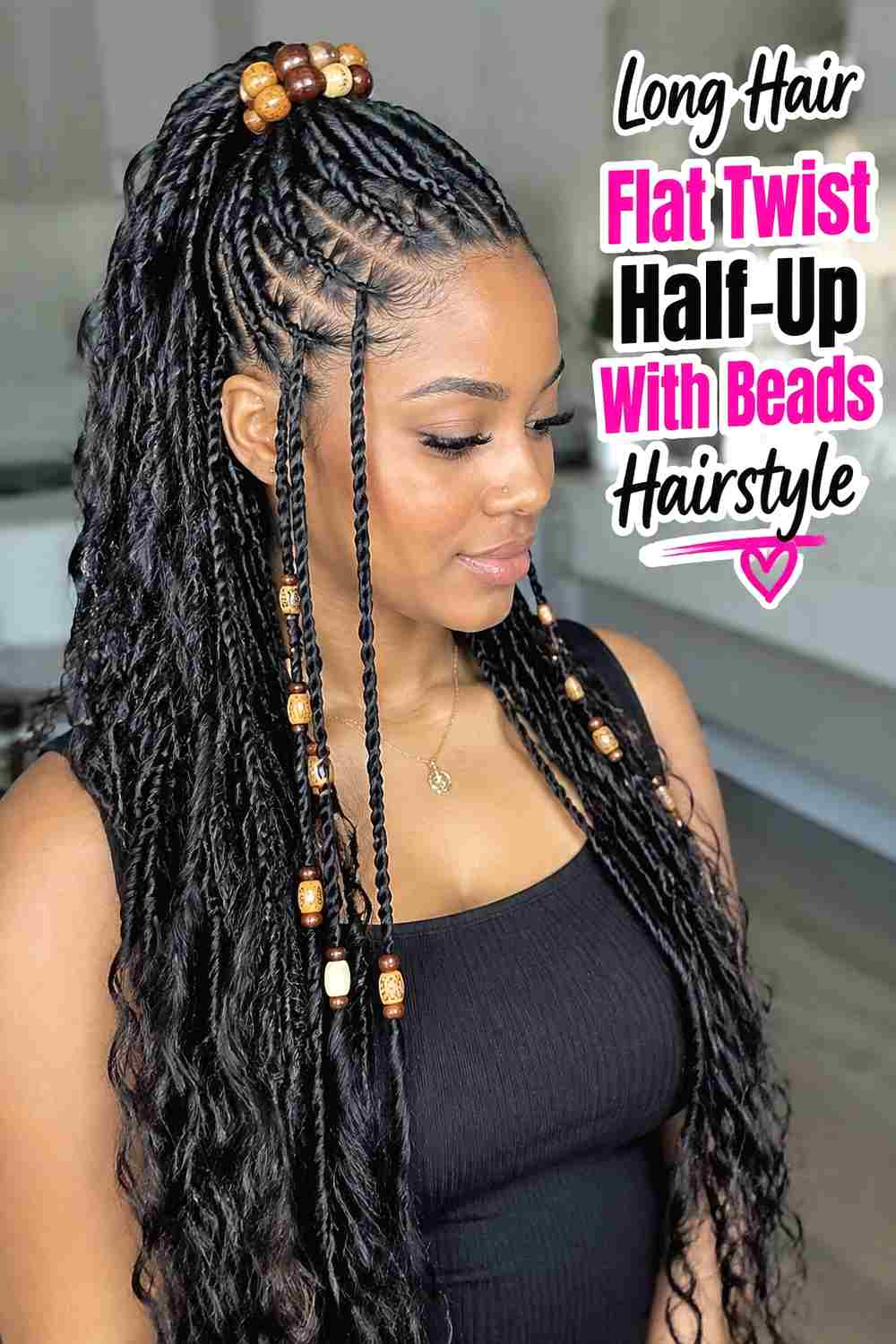 17. Long Hair Flat Twist Half Up With Beads Hairstyle