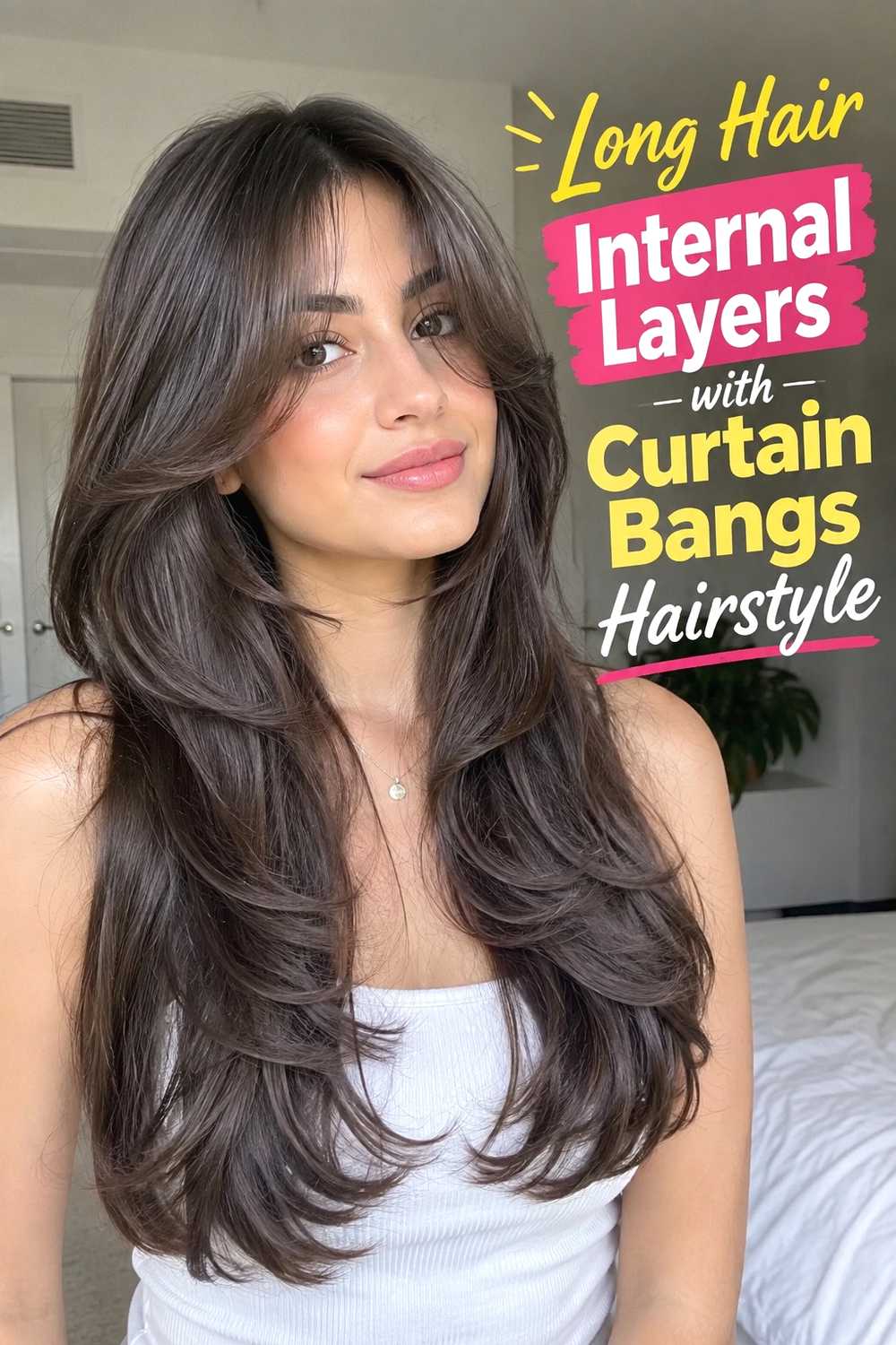 9. Long Hair Internal Layers With Curtain Bangs Hairstyle