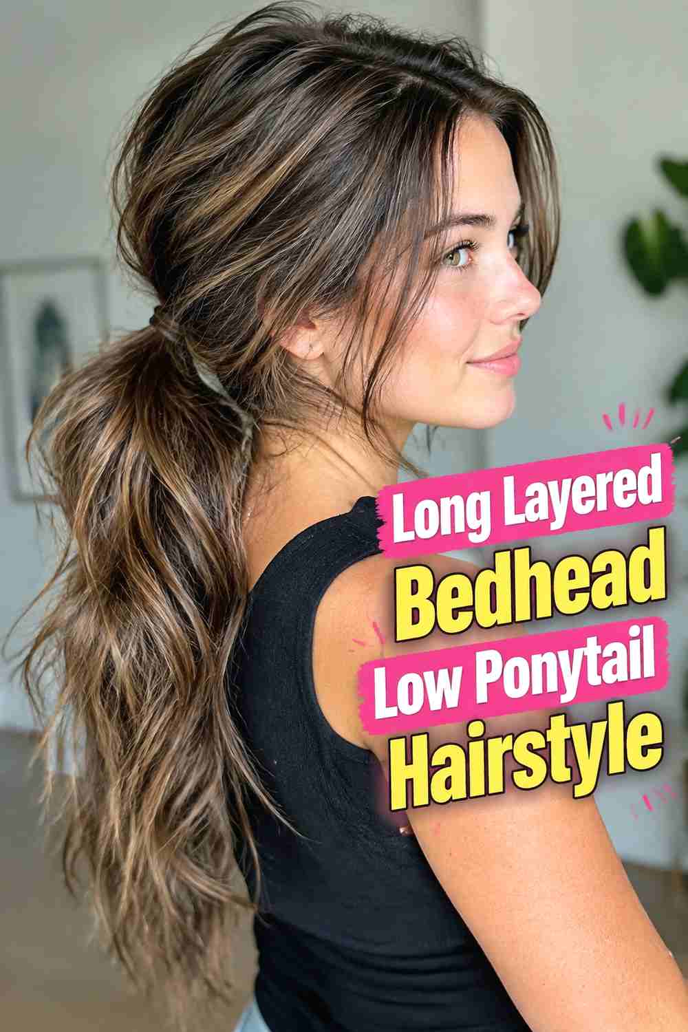 17. Long Layered Bedhead Low Ponytail Hairstyle