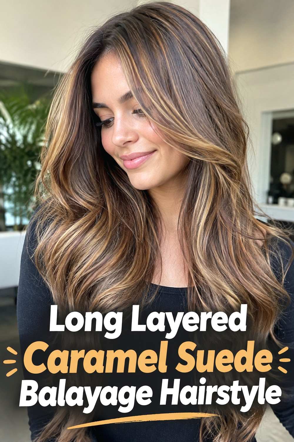 4. Long Layered Caramel Suede Balayage Hairstyle