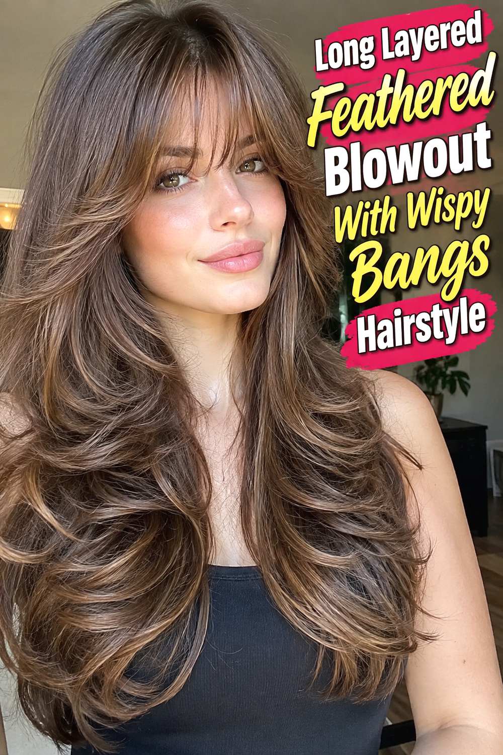 Long Layered Feathered Blowout With Wispy Bangs Hairstyle