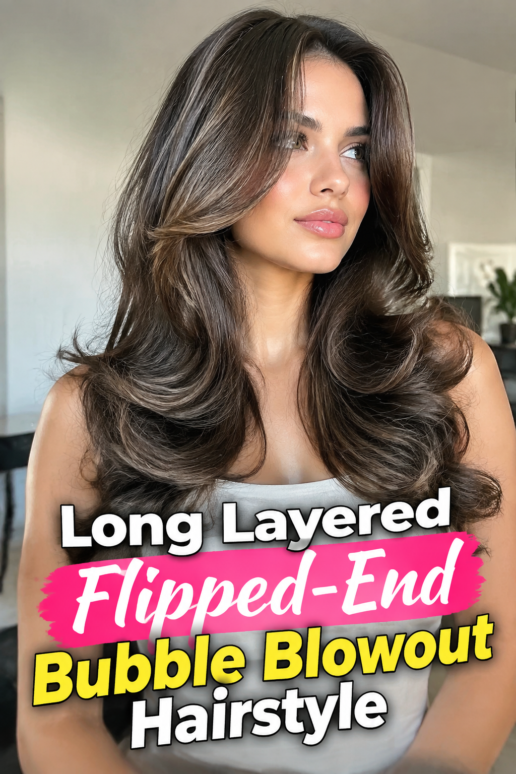 Long Layered Flipped-End Bubble Blowout Hairstyle