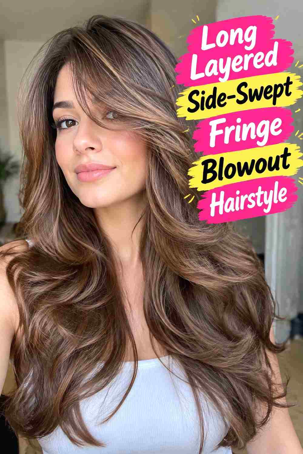 4. Long Layered Side Swept Fringe Blowout Hairstyle