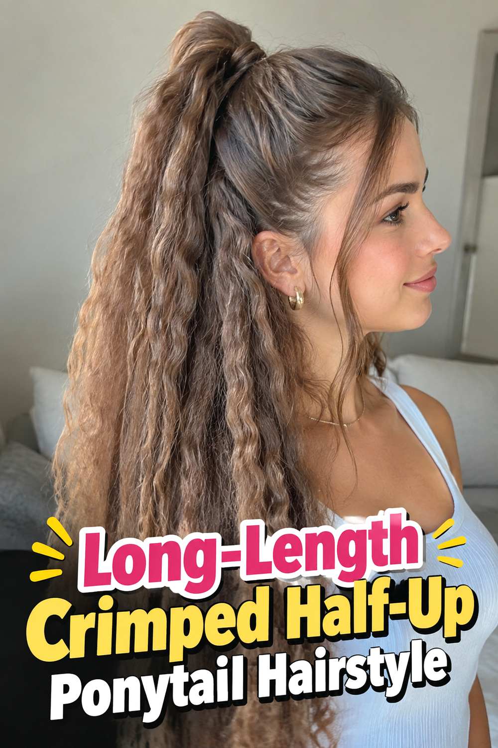 Long-Length Crimped Half-Up Ponytail Hairstyle