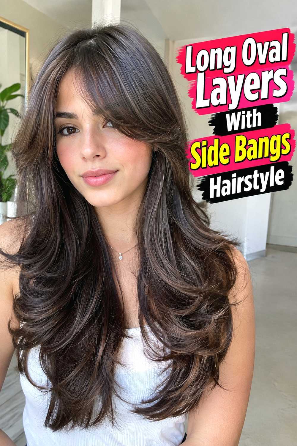 2. Long Oval Layers With Side Bangs Hairstyle