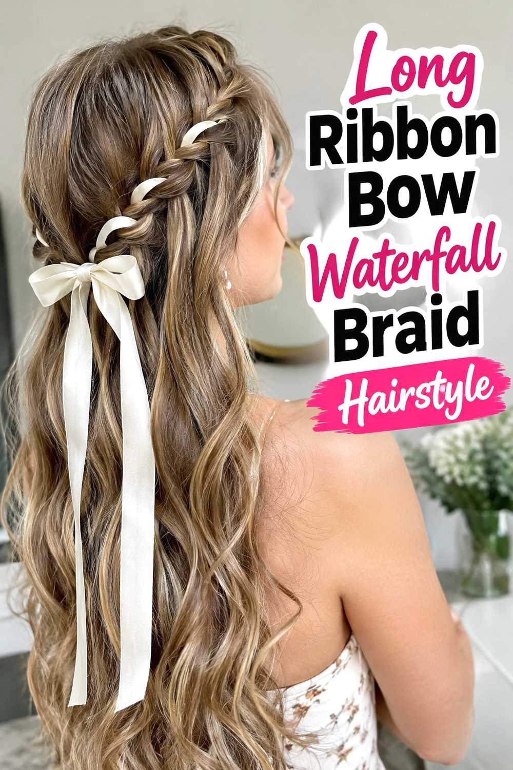 15. Long Ribbon Bow Waterfall Braid Hairstyle
