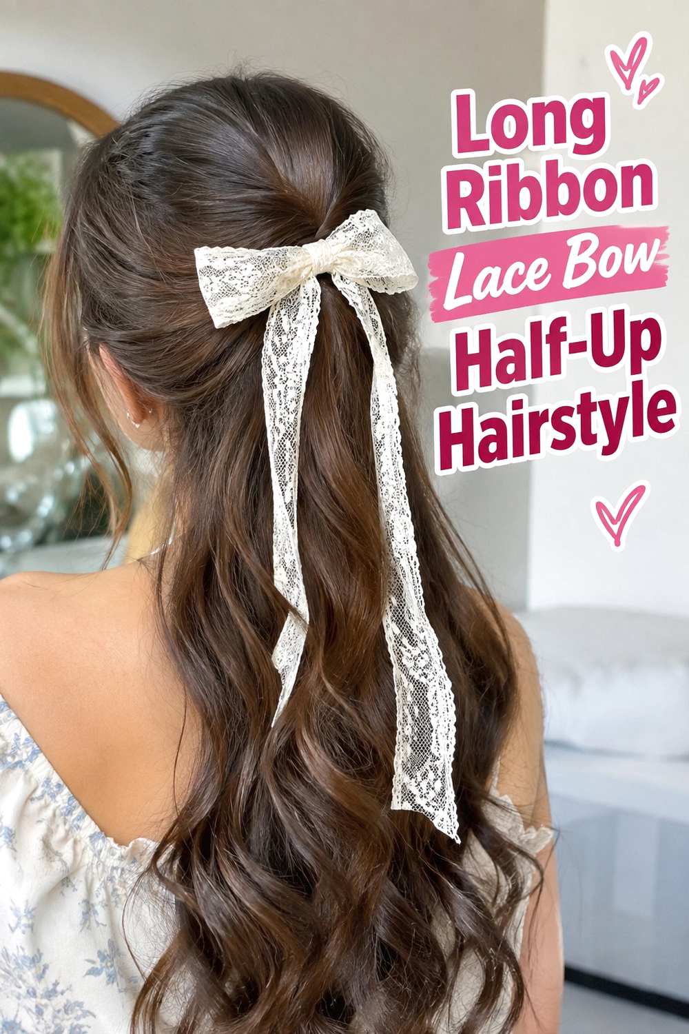 14. Long Ribbon Lace Bow Half Up Hairstyle