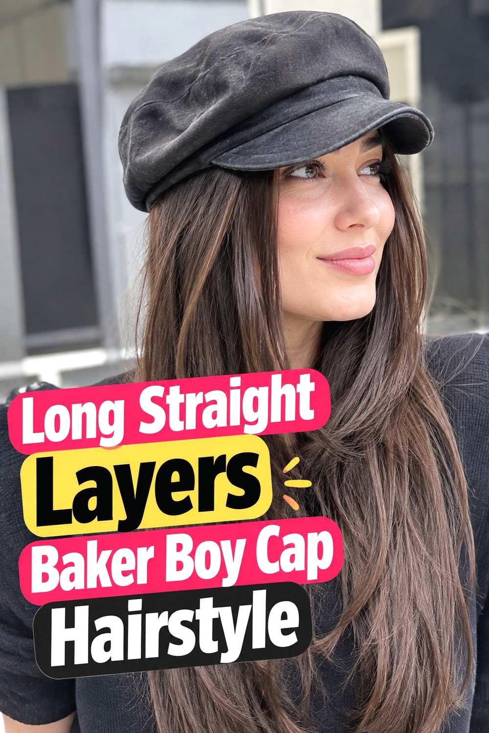 5. Long Straight Layers Baker Boy Cap Hairstyle