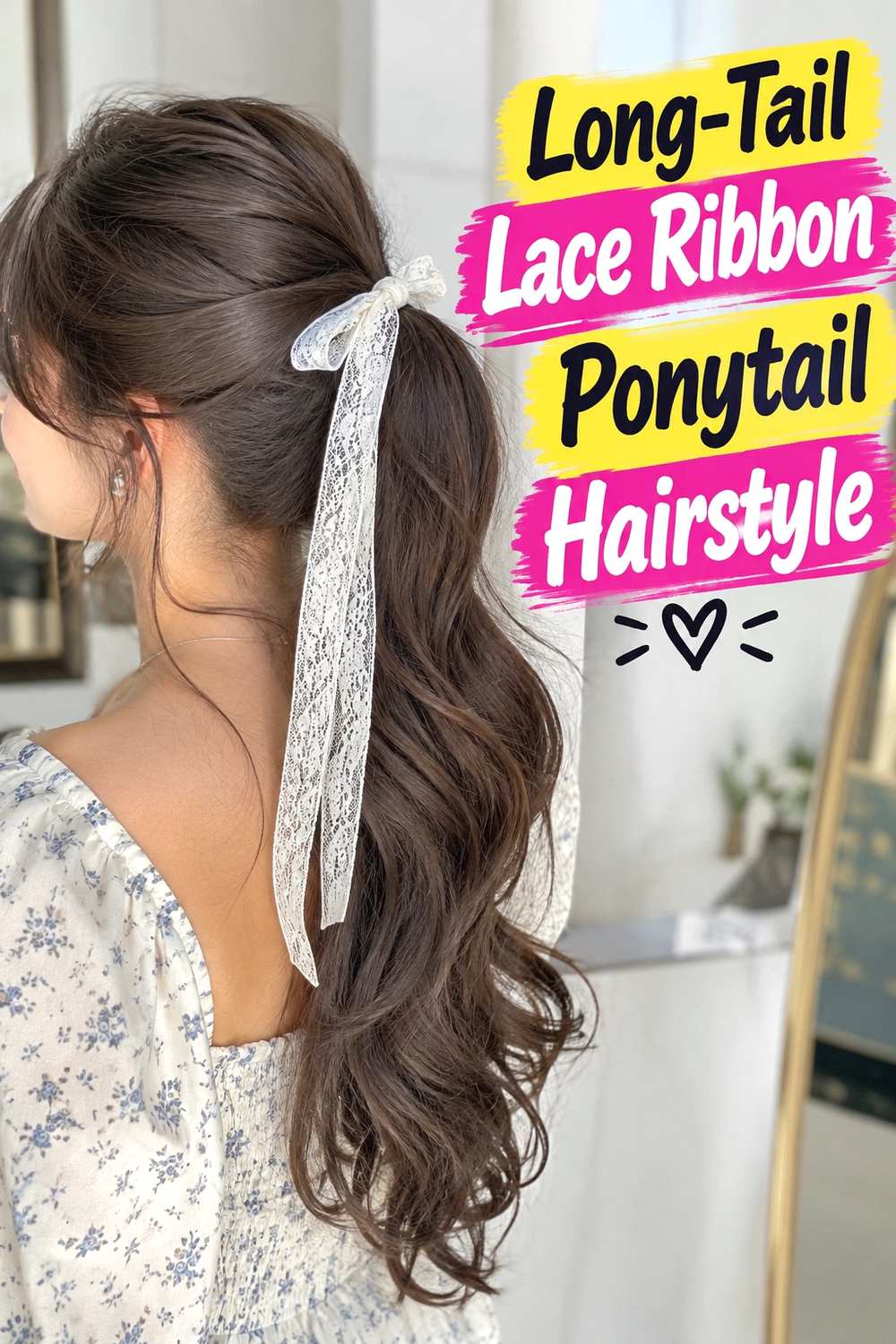 18. Long Tail Lace Ribbon Ponytail Hairstyle