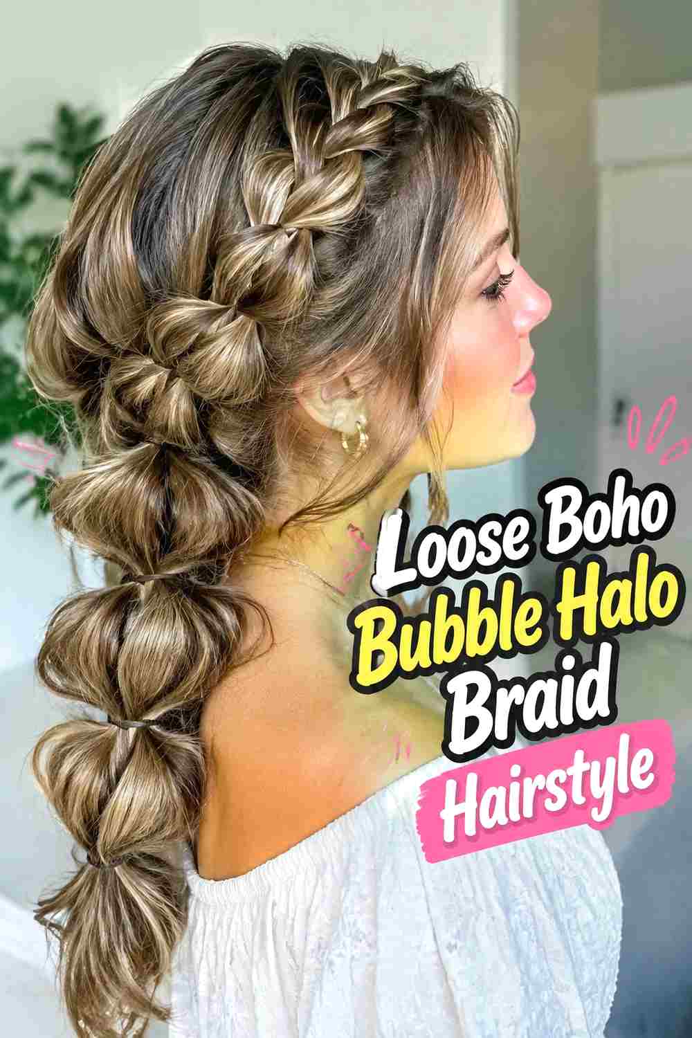 7. Loose Boho Bubble Halo Braid Hairstyle
