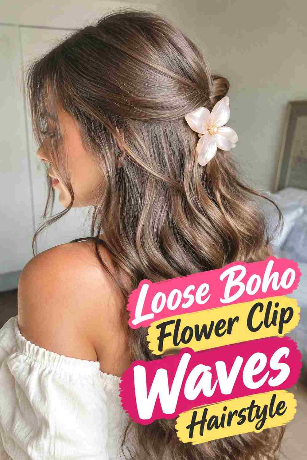 11. Loose Boho Flower Clip Waves Hairstyle
