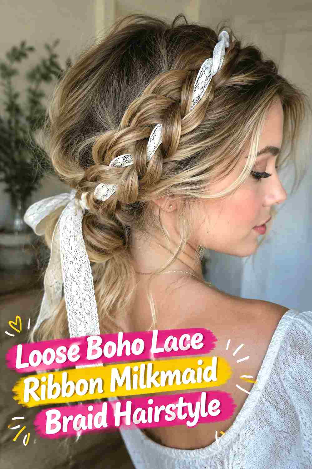 5. Loose Boho Lace Ribbon Milkmaid Braid Hairstyle
