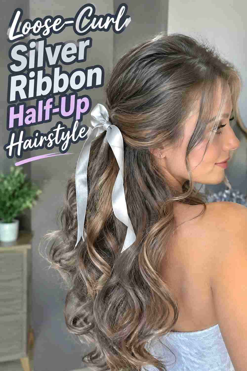 8. Loose Curl Silver Ribbon Half Up Hairstyle