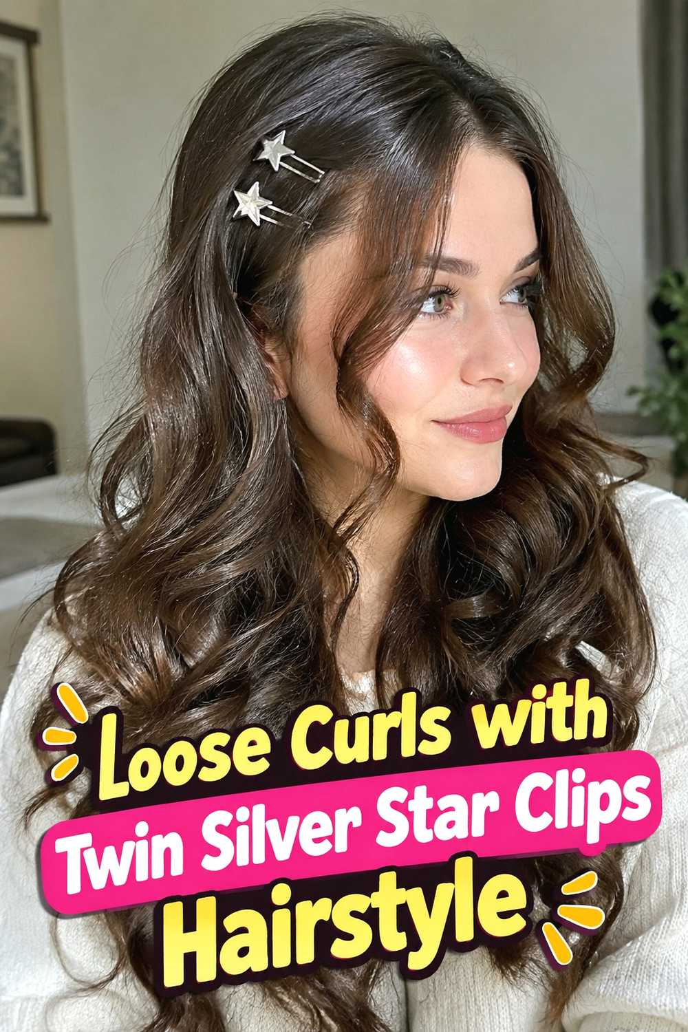5. Loose Curls With Twin Silver Star Clips Hairstyle