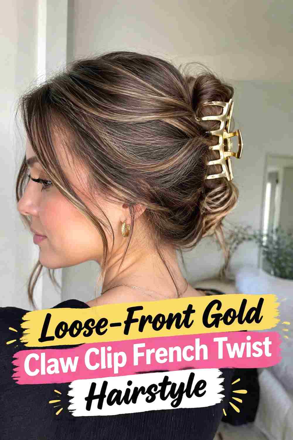 8. Loose Front Gold Claw Clip French Twist Hairstyle