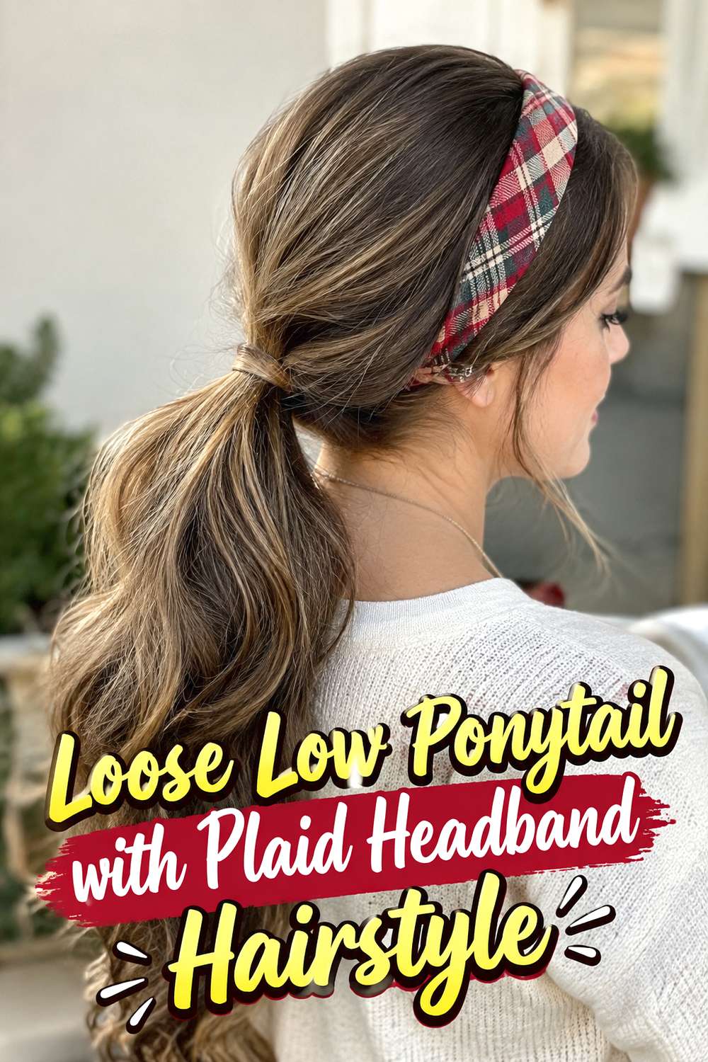 Loose Low Ponytail with Plaid Headband Hairstyle