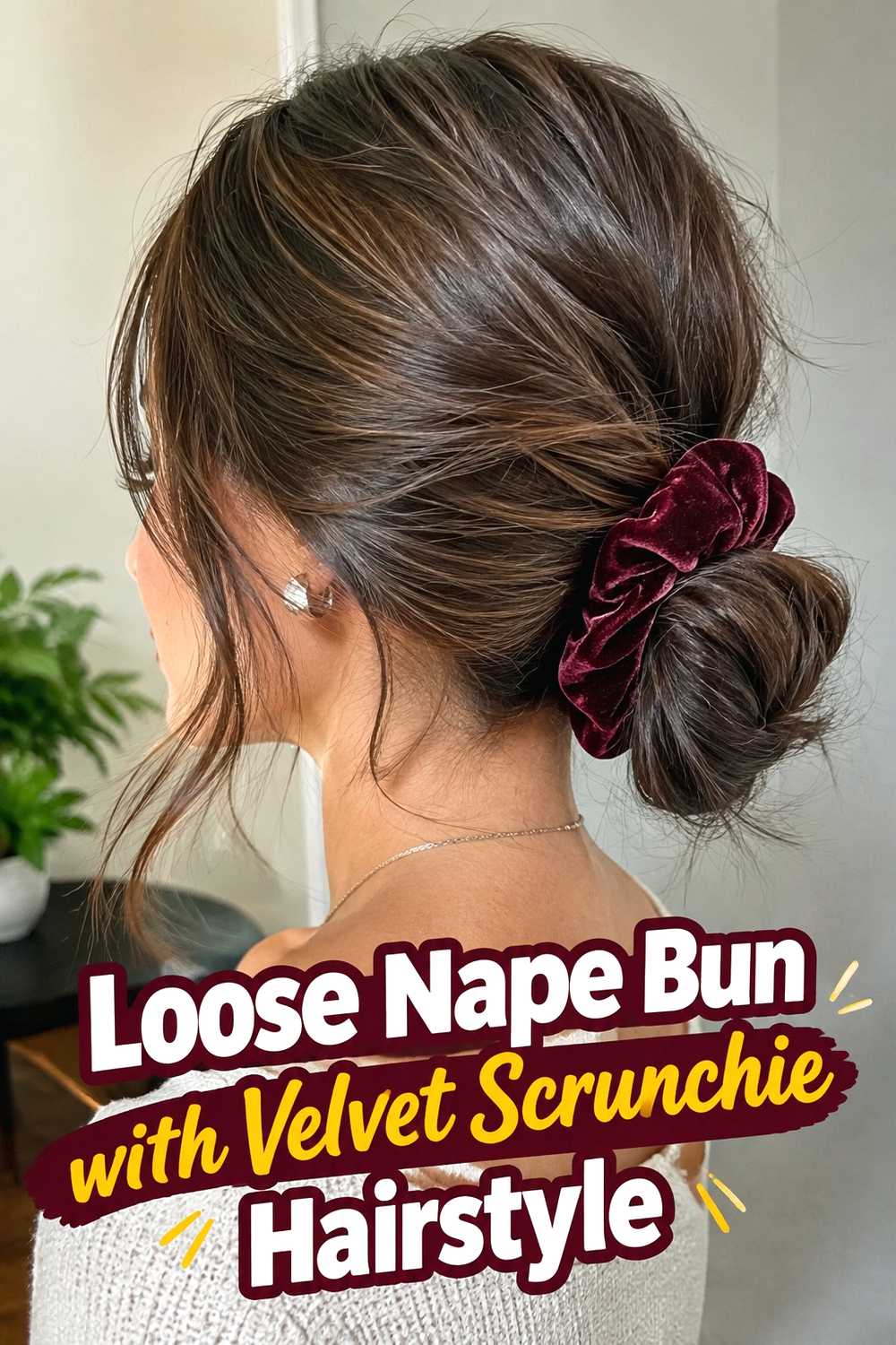8. Loose Nape Bun With Velvet Scrunchie Hairstyle
