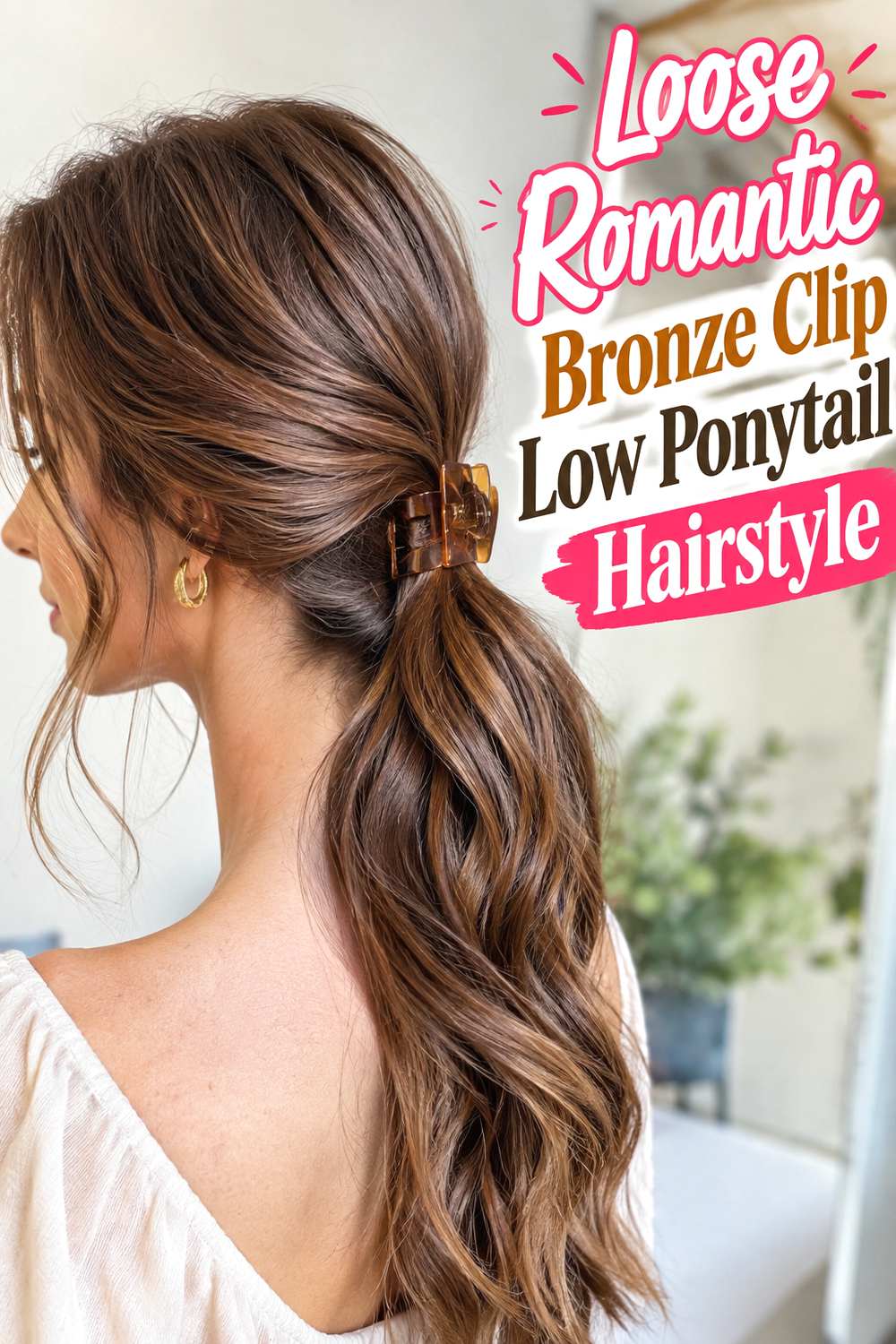 Loose Romantic Bronze Clip Low Ponytail Hairstyle