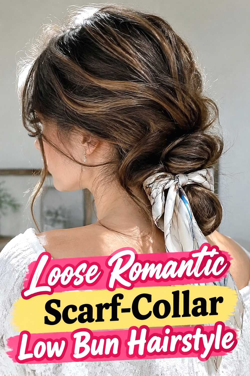 10. Loose Romantic Scarf Collar Low Bun Hairstyle