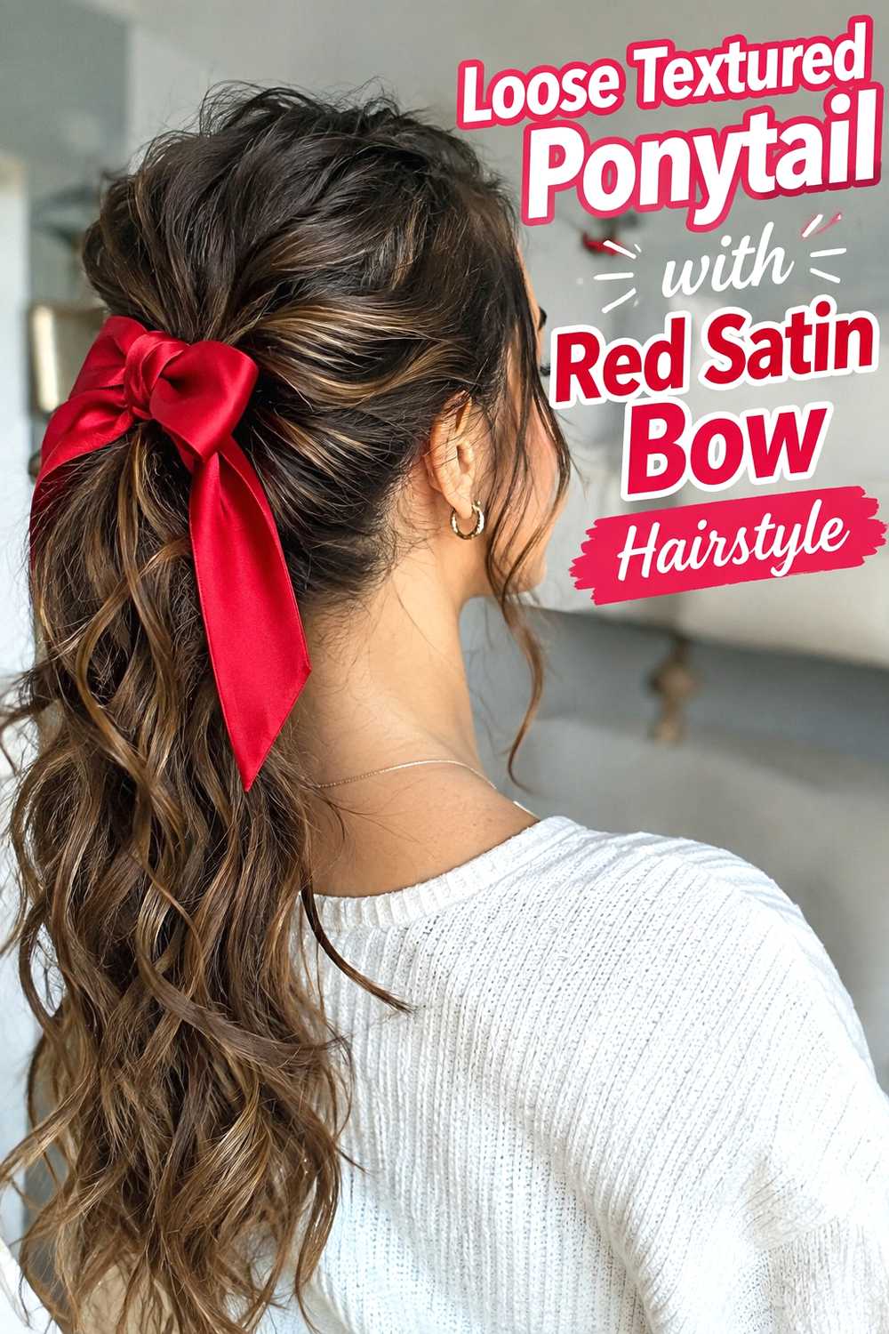 12. Loose Textured Ponytail With Red Satin Bow Hairstyle