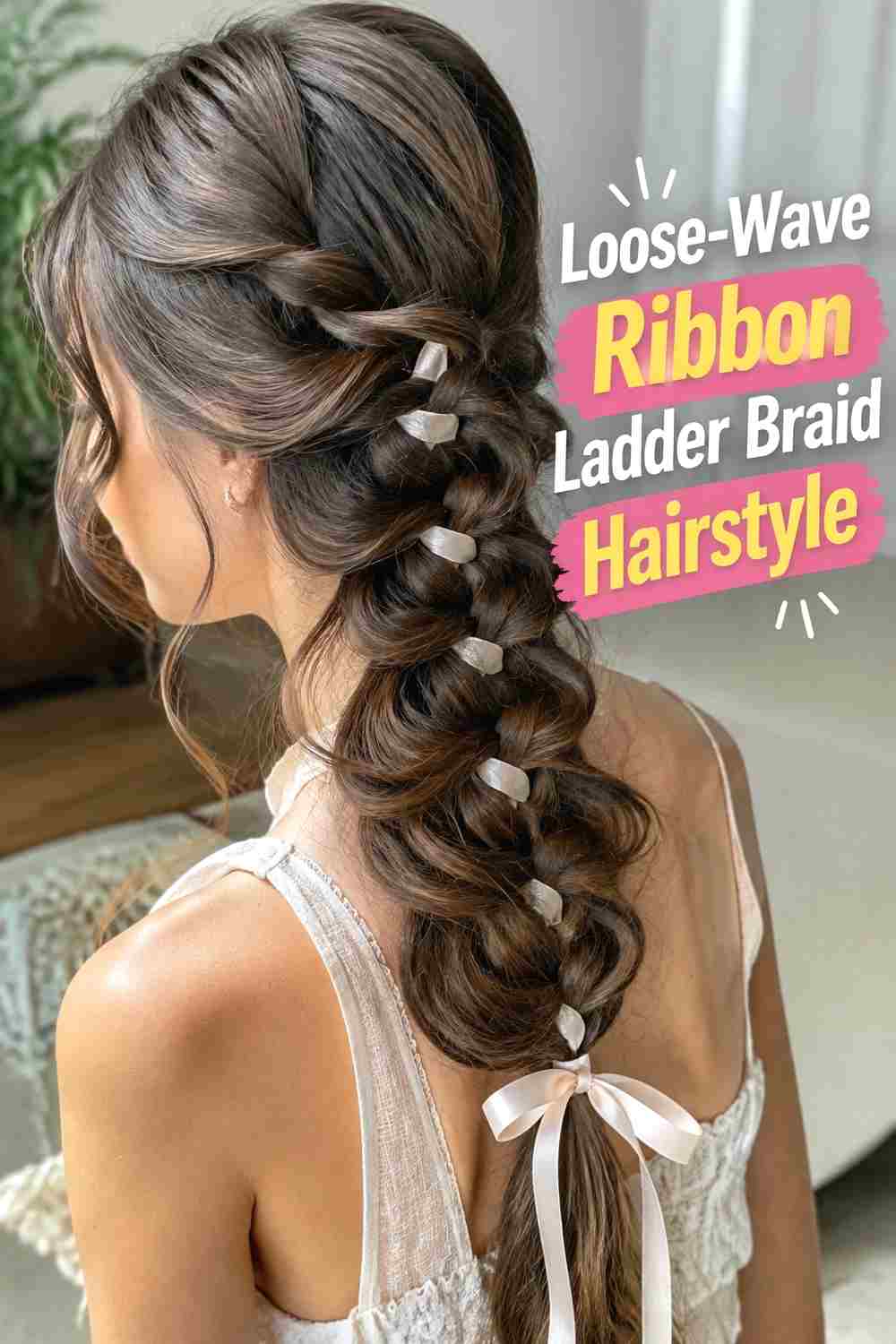 6. Loose Wave Ribbon Ladder Braid Hairstyle