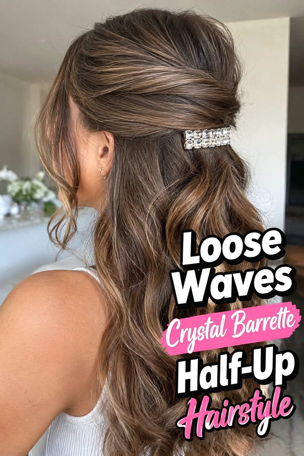 3. Loose Waves Crystal Barrette Half Up Hairstyle
