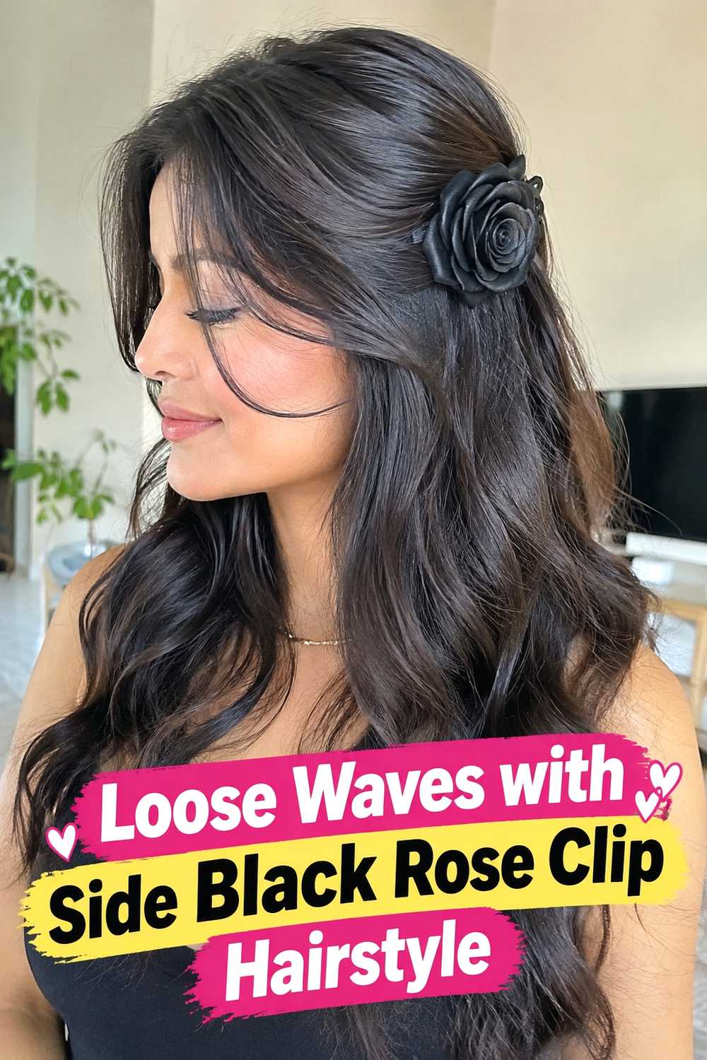 2. Loose Waves With Side Black Rose Clip Hairstyle