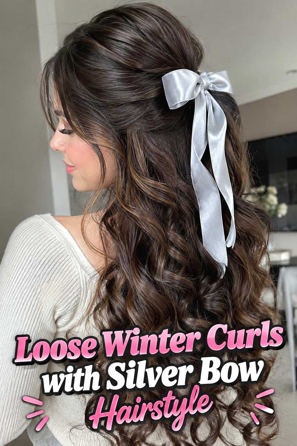 8. Loose Winter Curls With Silver Bow Hairstyle