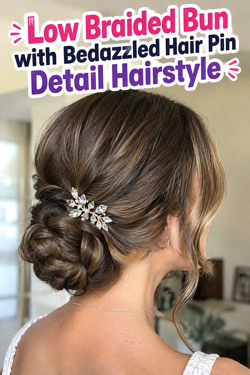 12. Low Braided Bun With Bedazzled Hair Pin Detail Hairstyle