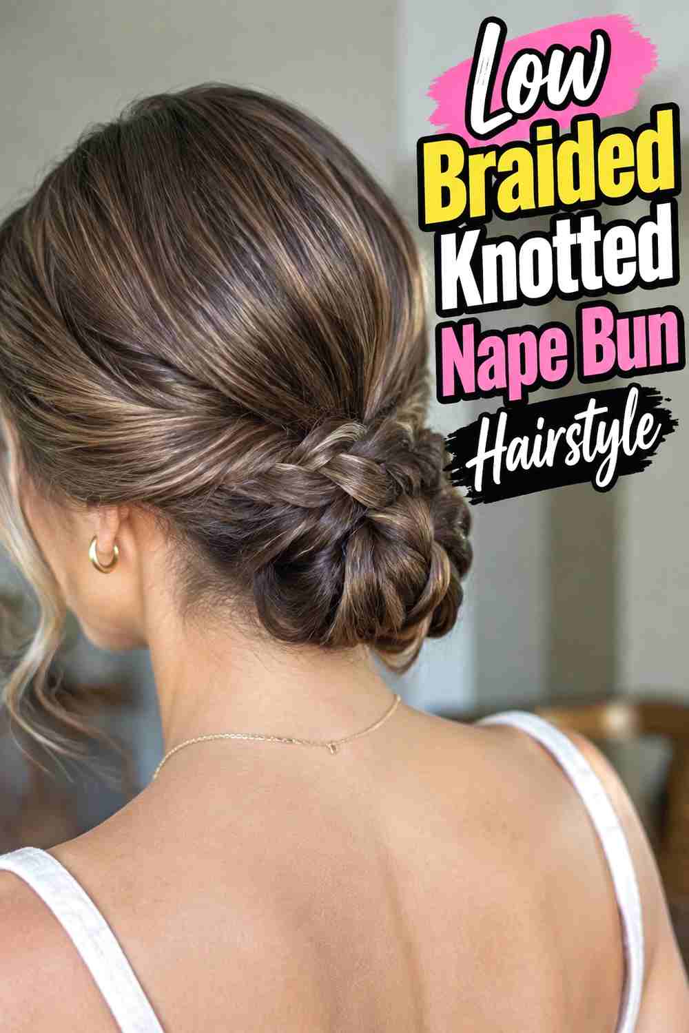 4. Low Braided Knotted Nape Bun Hairstyle
