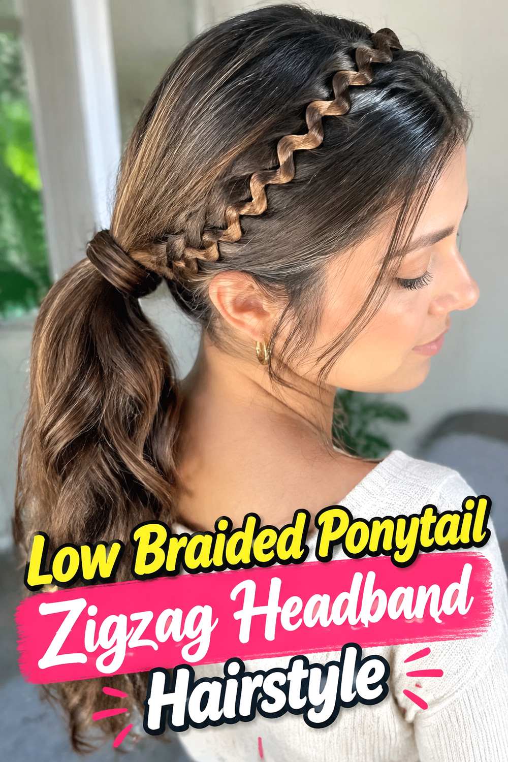 Low Braided Ponytail Zigzag Headband Hairstyle