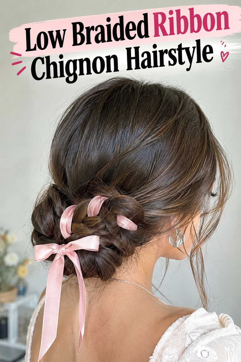 4. Low Braided Ribbon Chignon Hairstyle