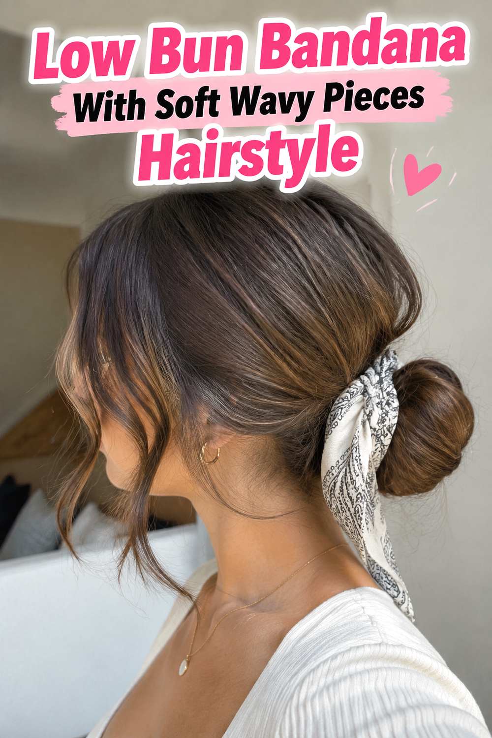 Low Bun Bandana With Soft Wavy Pieces Hairstyle