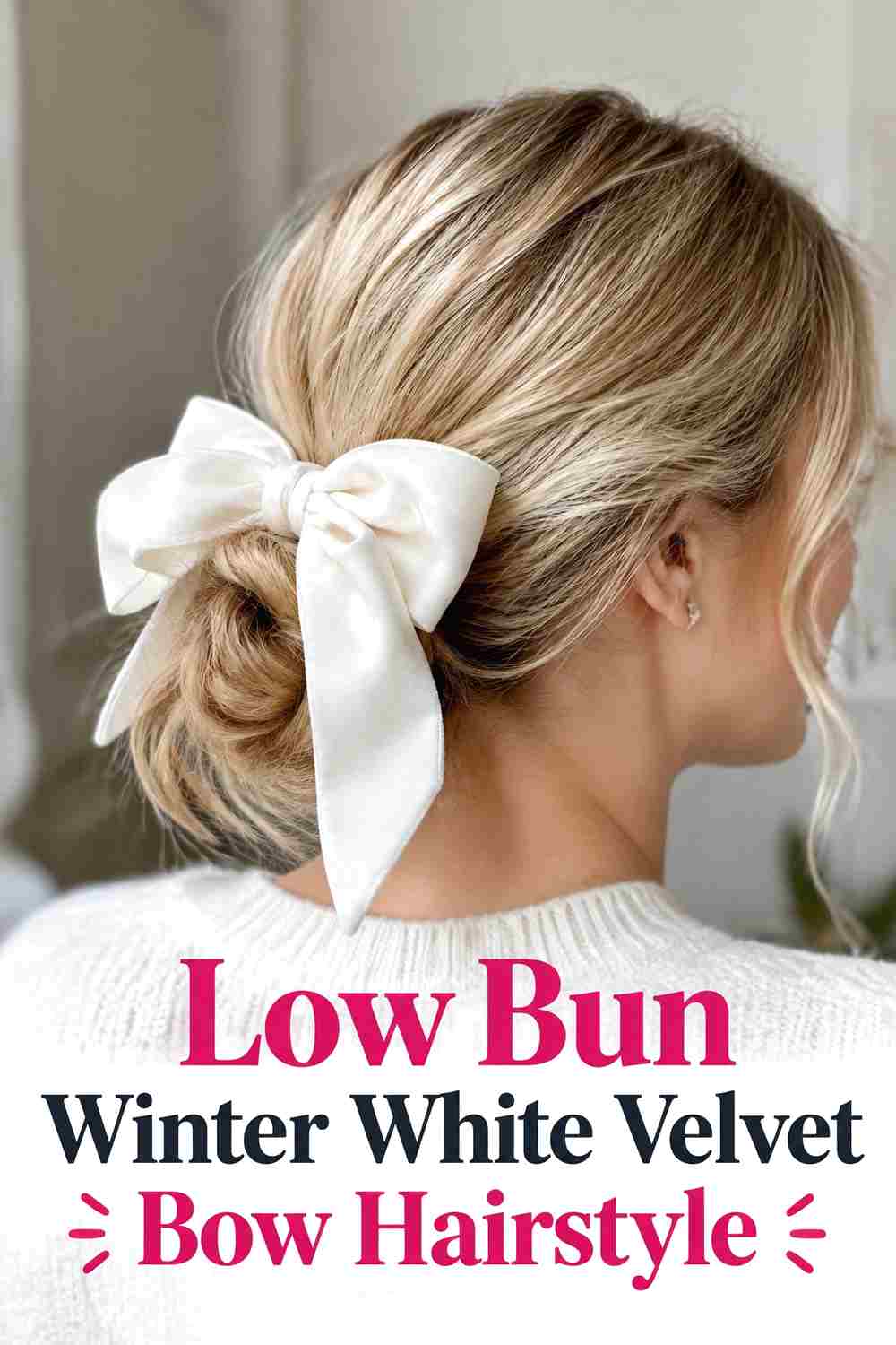 9. Low Bun Winter White Velvet Bow Hairstyle