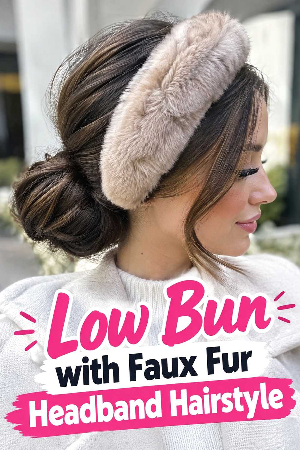 11. Low Bun With Faux Fur Headband Hairstyle