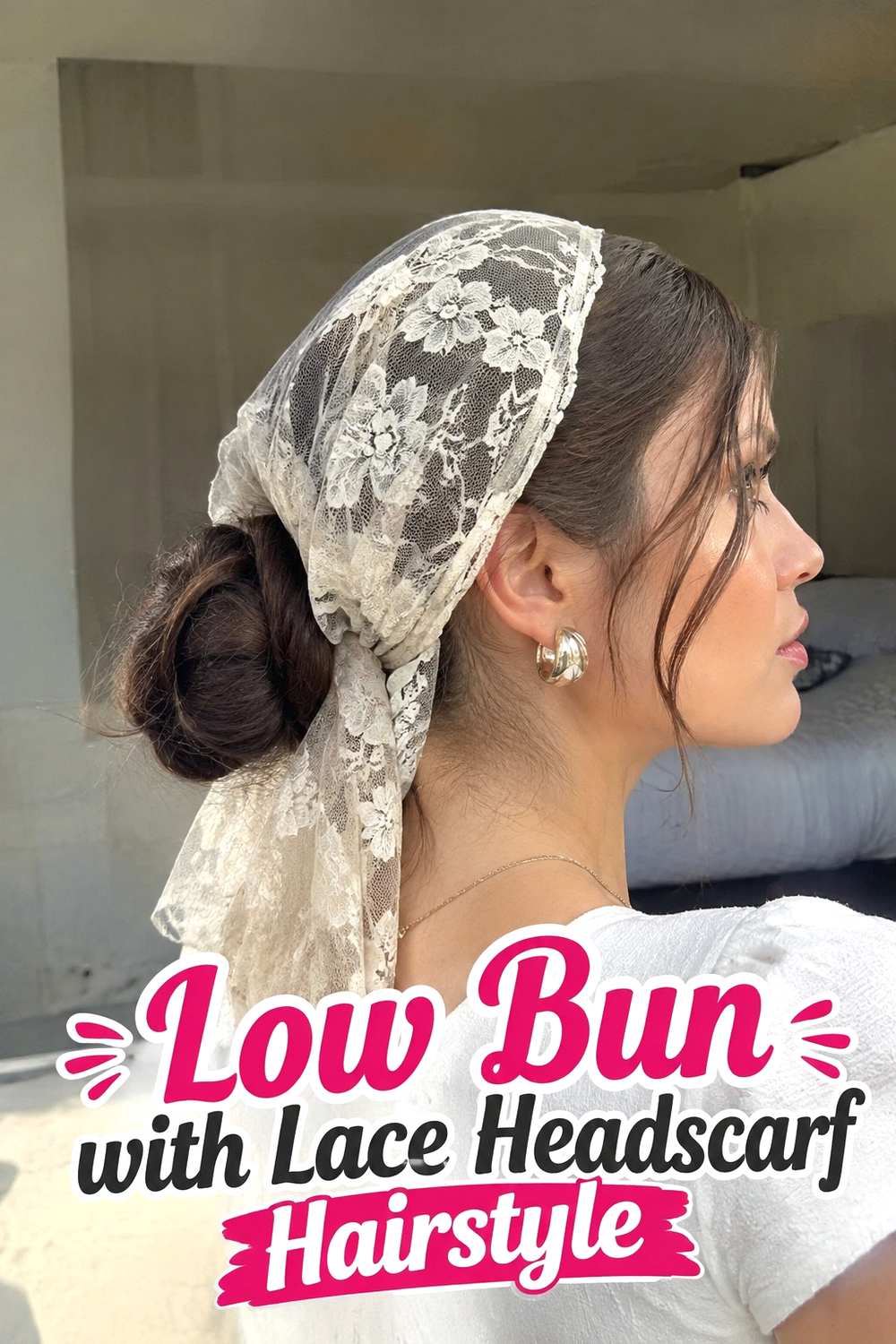 2. Low Bun With Lace Headscarf Hairstyle