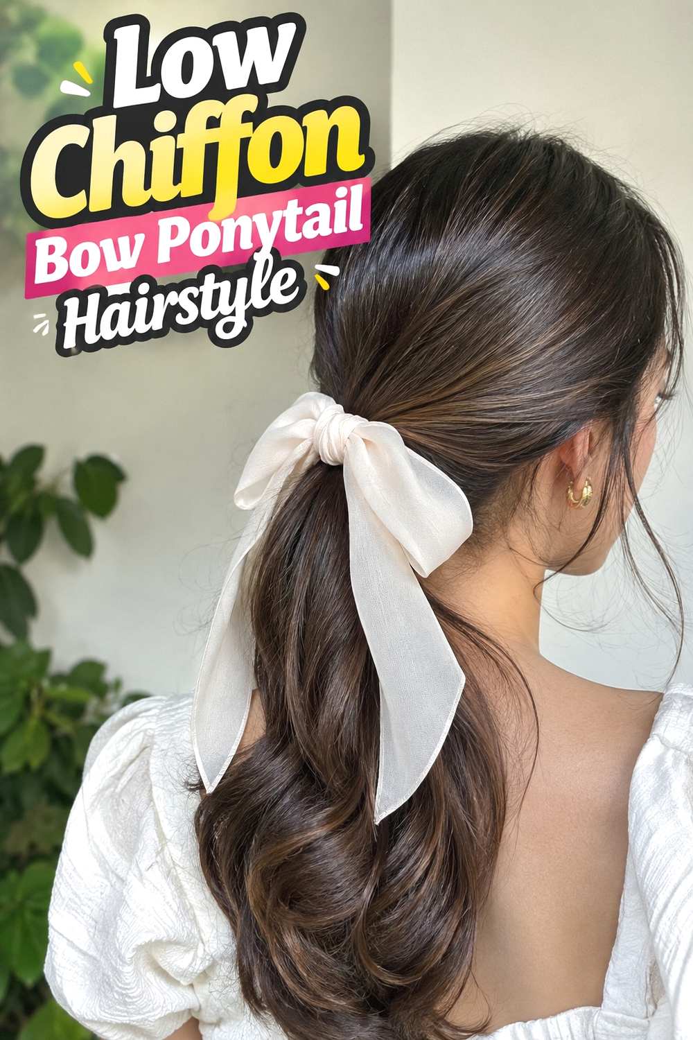2. Low Chiffon Bow Ponytail Hairstyle