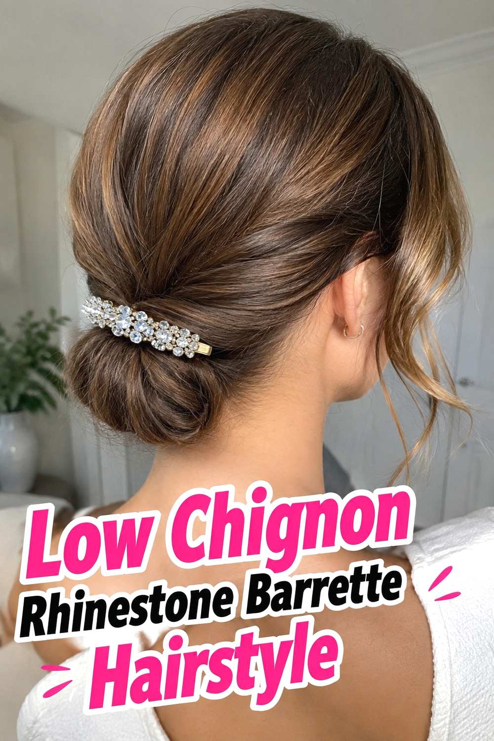 4. Low Chignon Rhinestone Barrette Hairstyle