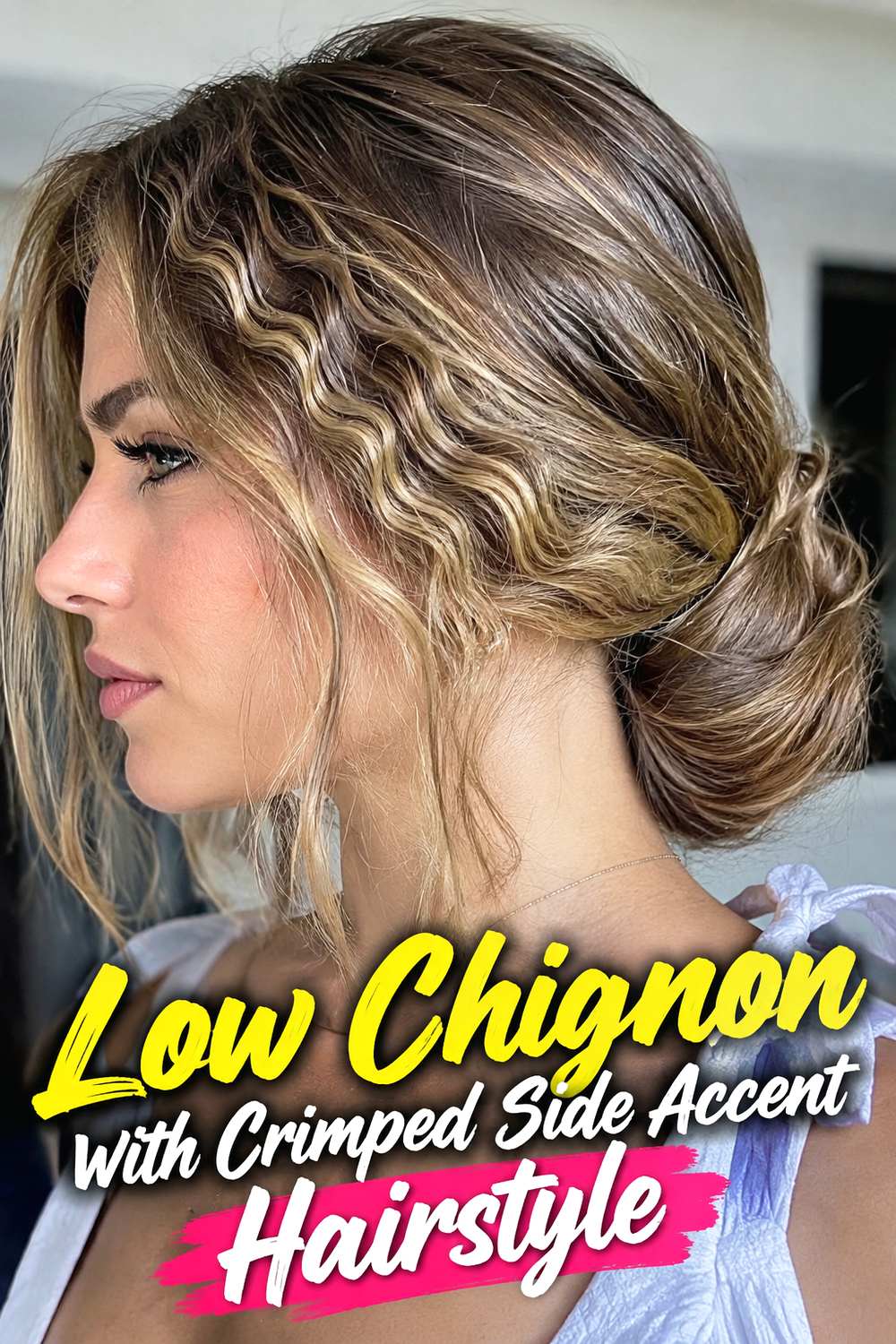 Low Chignon with Crimped Side Accent Hairstyle