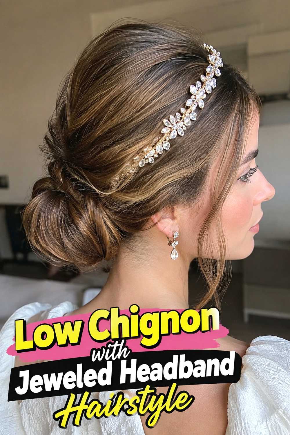 3. Low Chignon With Jeweled Headband Hairstyle