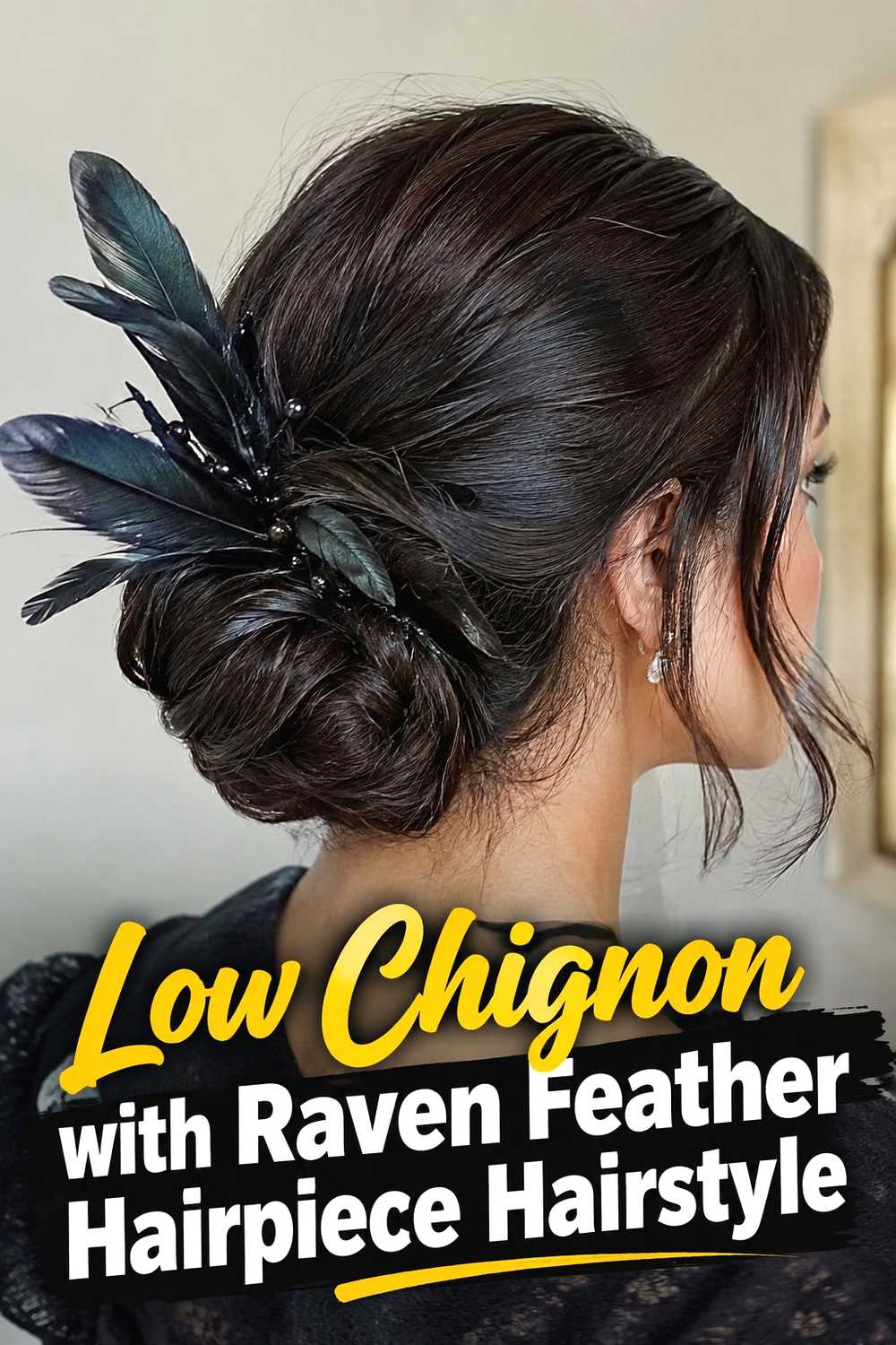 12. Low Chignon With Raven Feather Hairpiece Hairstyle